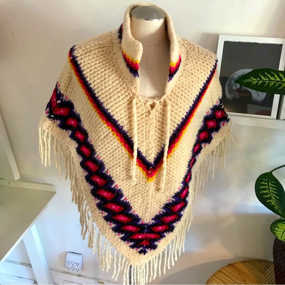 Vintage 1960s Mexican Fringed Wool Poncho, Cream, Multi-coloured